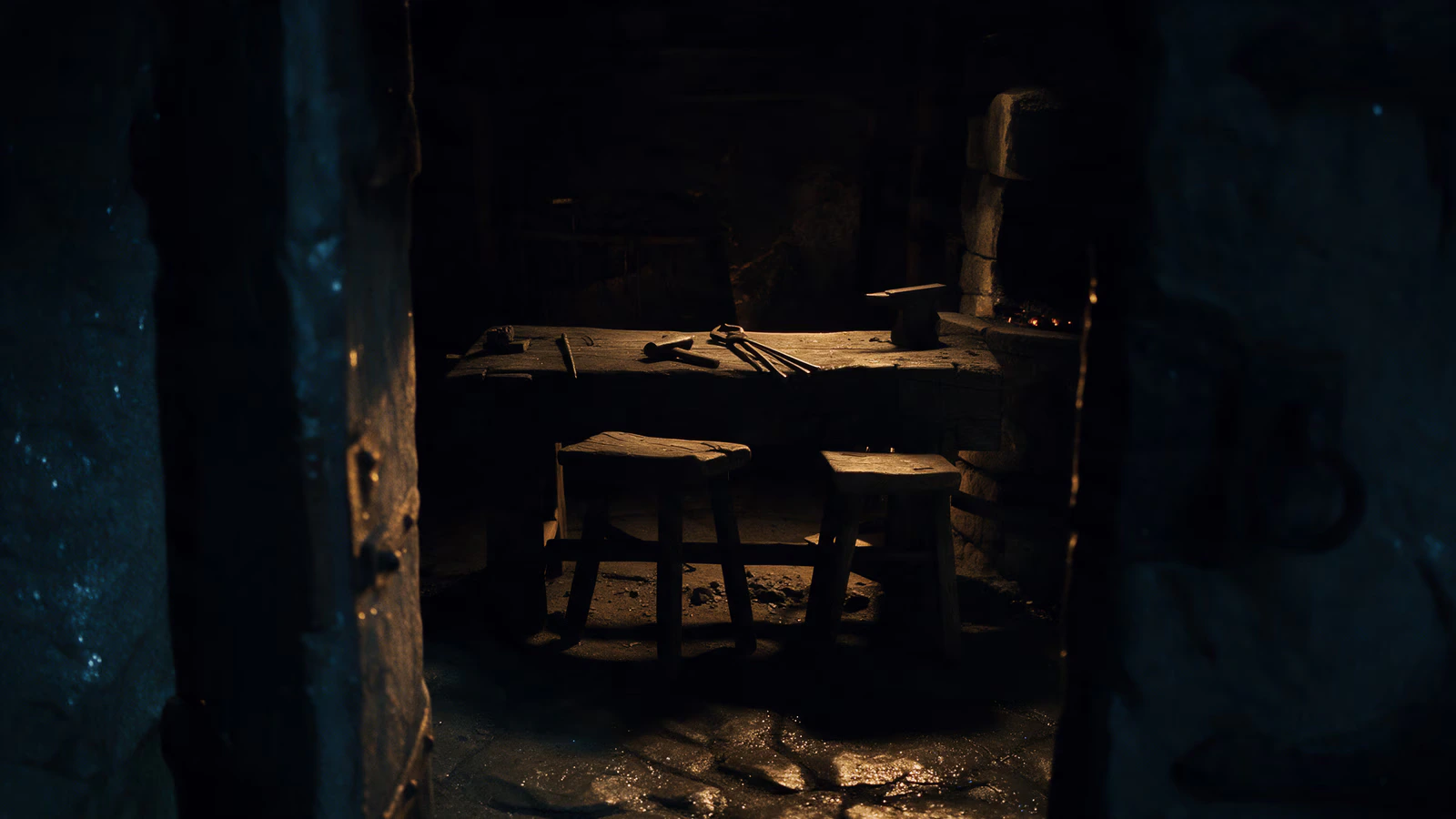 A smith's bench with two worn stools, hammer and tongs laid down, embers low.