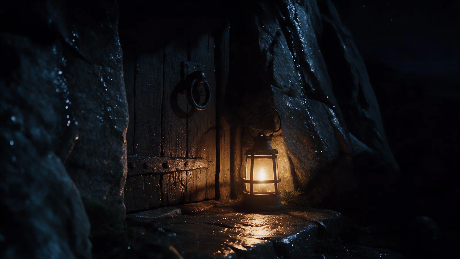 A lit iron lantern beside a ring knocker on a weathered timber door set into granite, its light on the wet stone step.