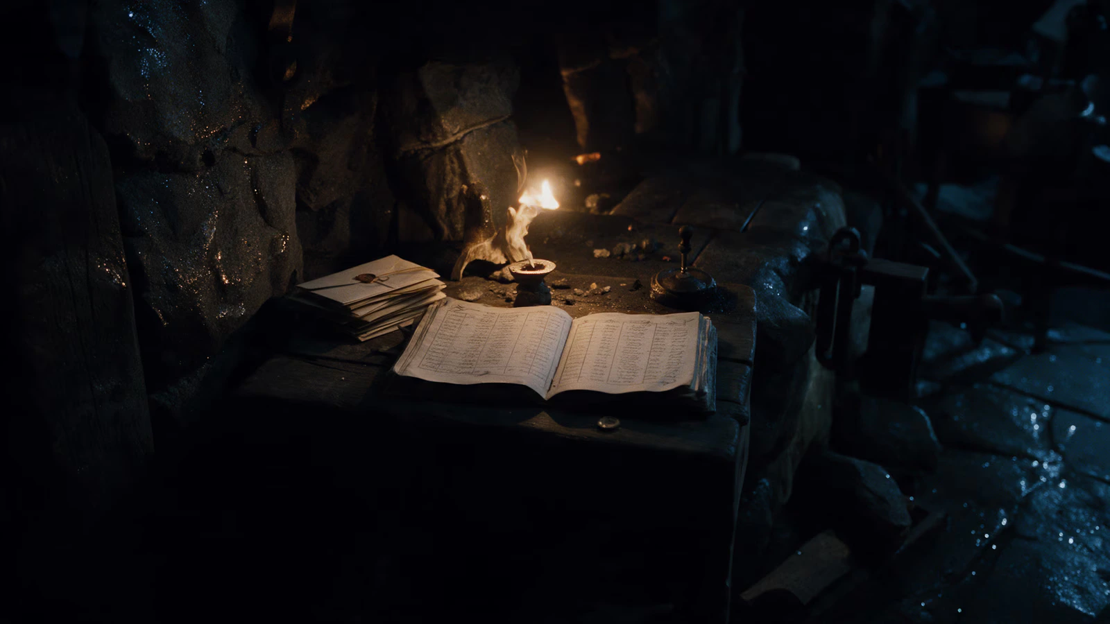 An open ledger, sealed letters and a wax seal on a timber desk beside the hearth.