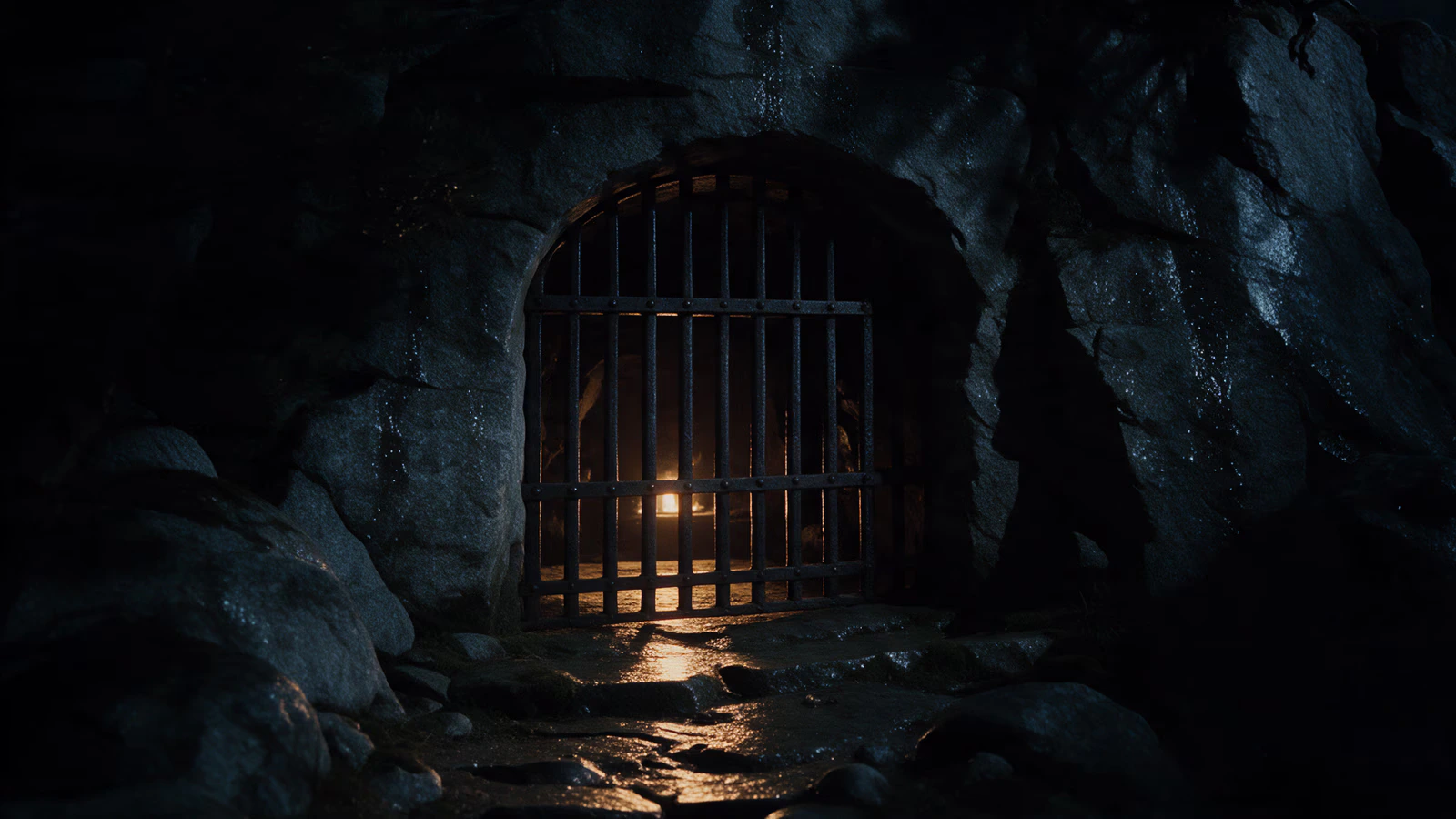 A portcullis of iron bars set into a rock archway, warm light showing from deep behind the bars.