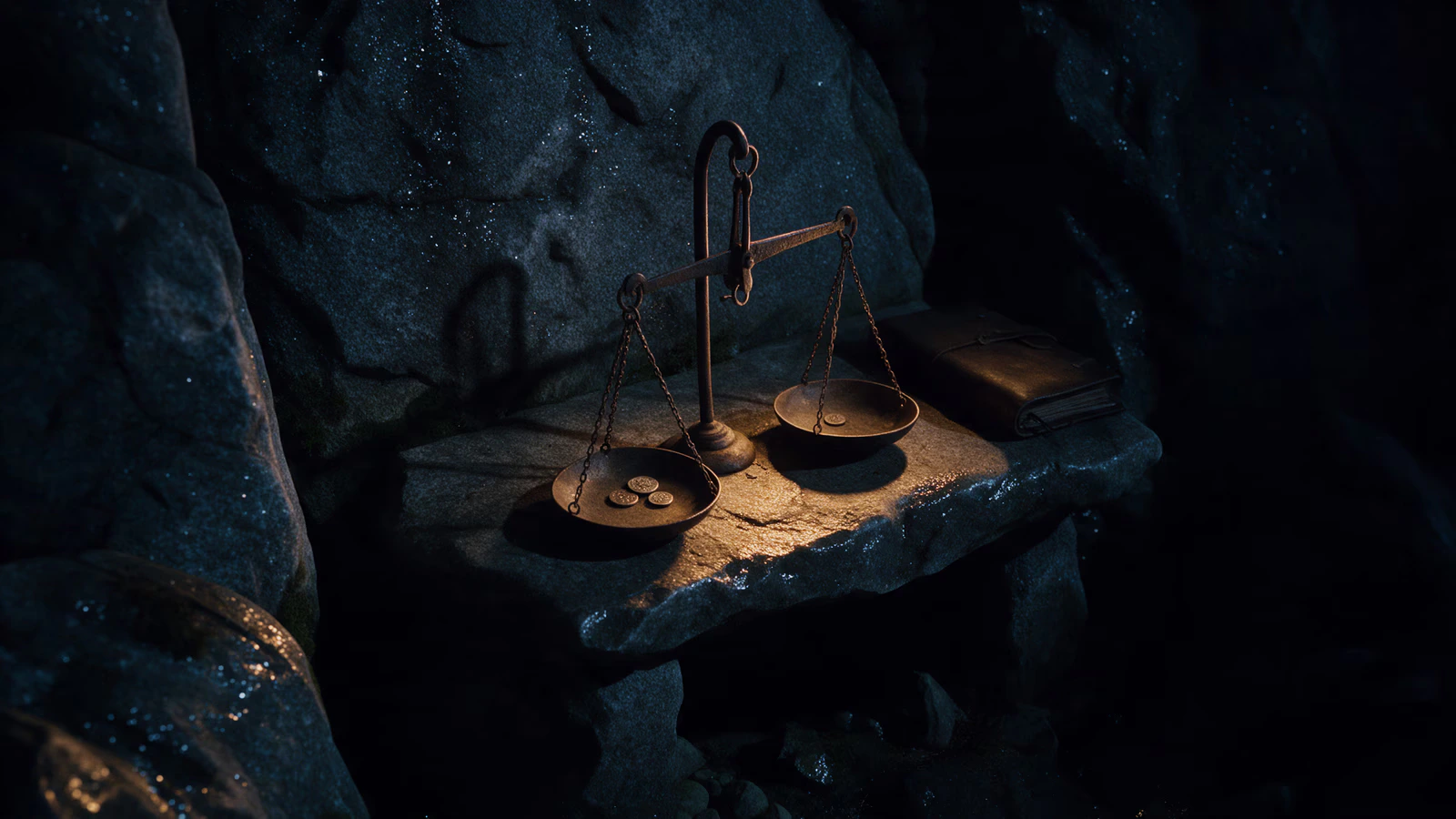 An iron balance scale on a stone bench, coins in one pan and a closed ledger beside it, lit by the forge.