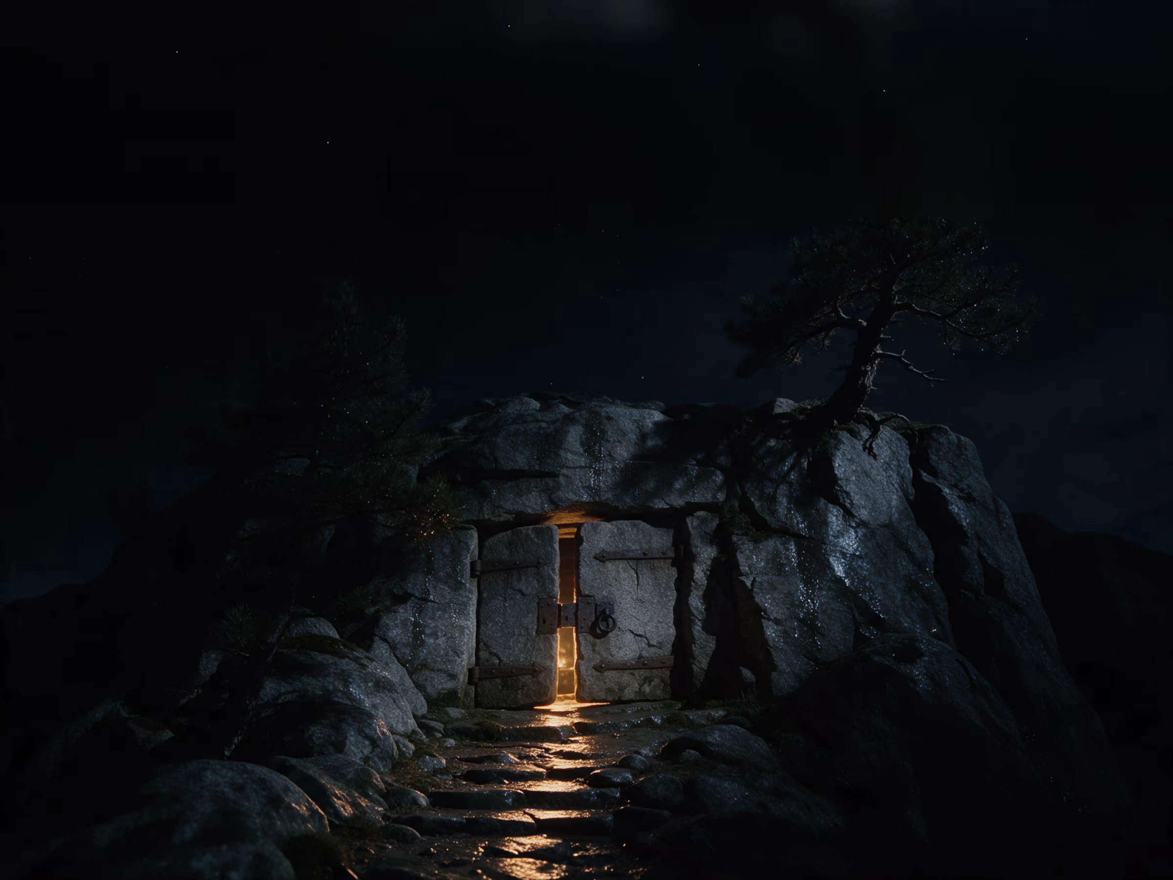 Stone doors set into a granite cliff at night, ajar, warm amber light spilling down a path of wet stone steps under a sparse starry sky.
