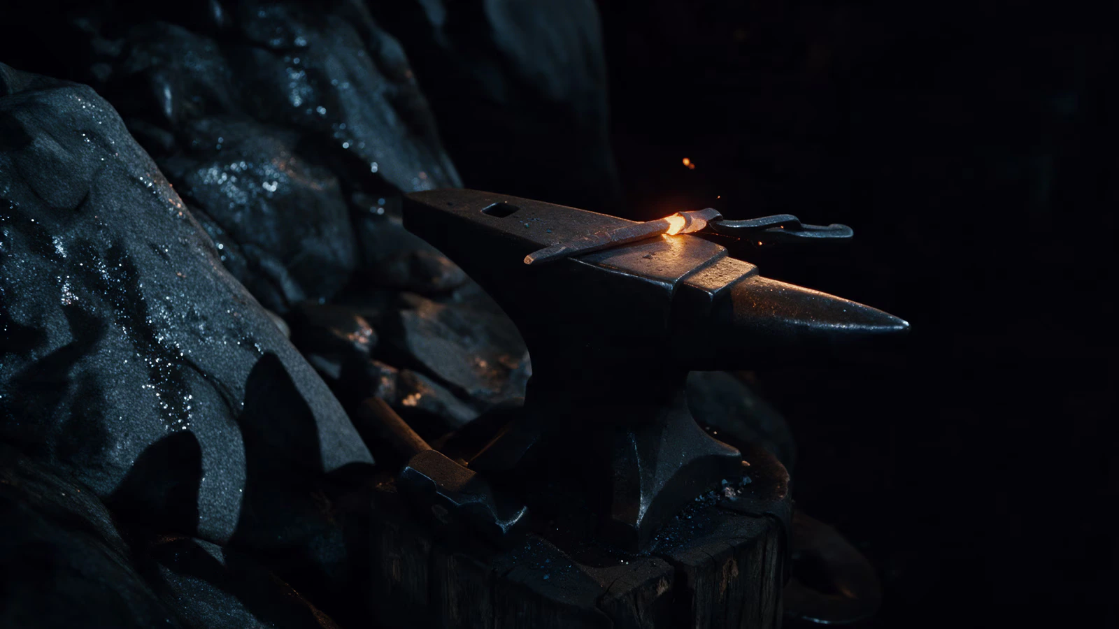 A finished piece of ironwork cooling on the anvil, the forge still lit behind it.